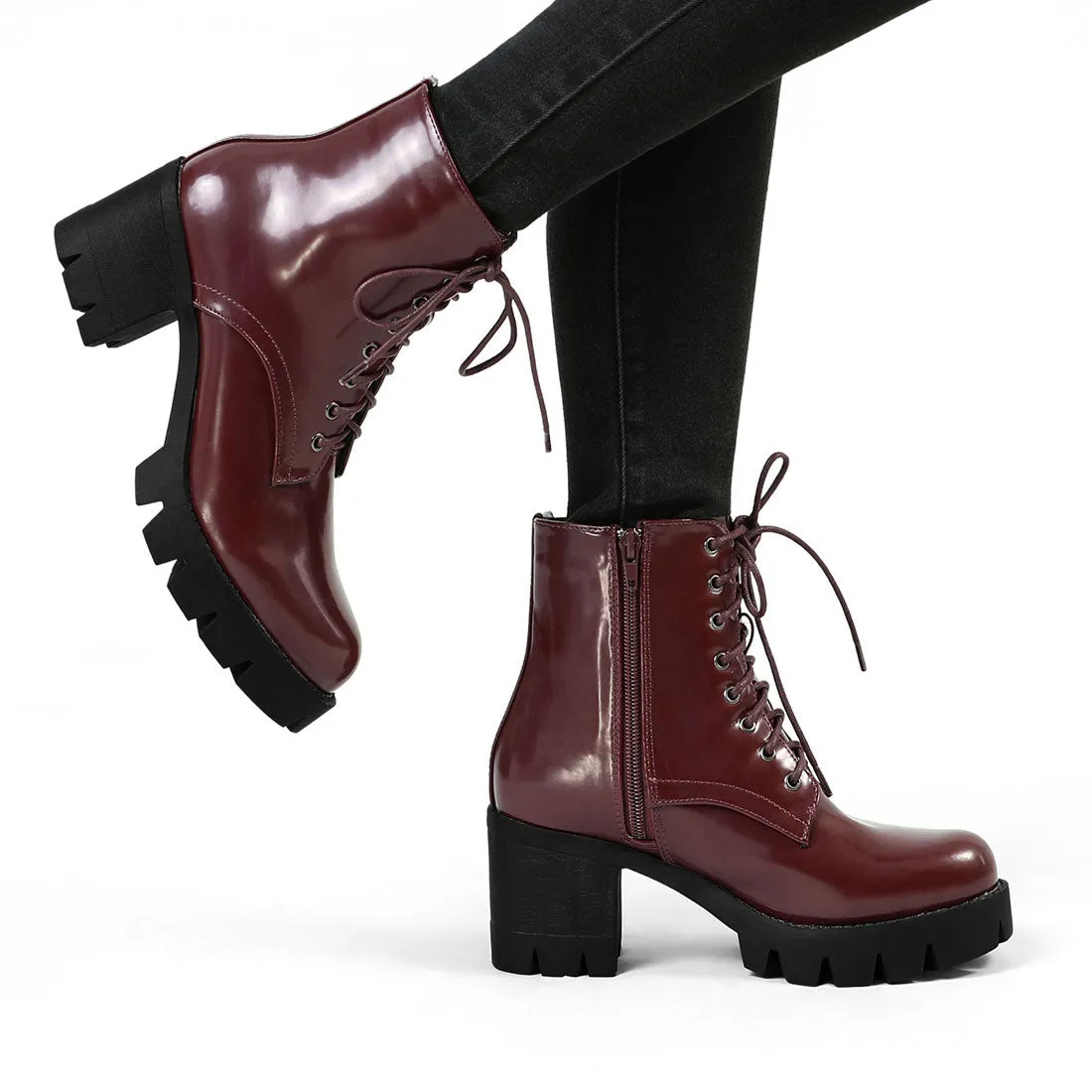 Lace Up Decor Side Zipper Platform Chunky Heel Combat Boots