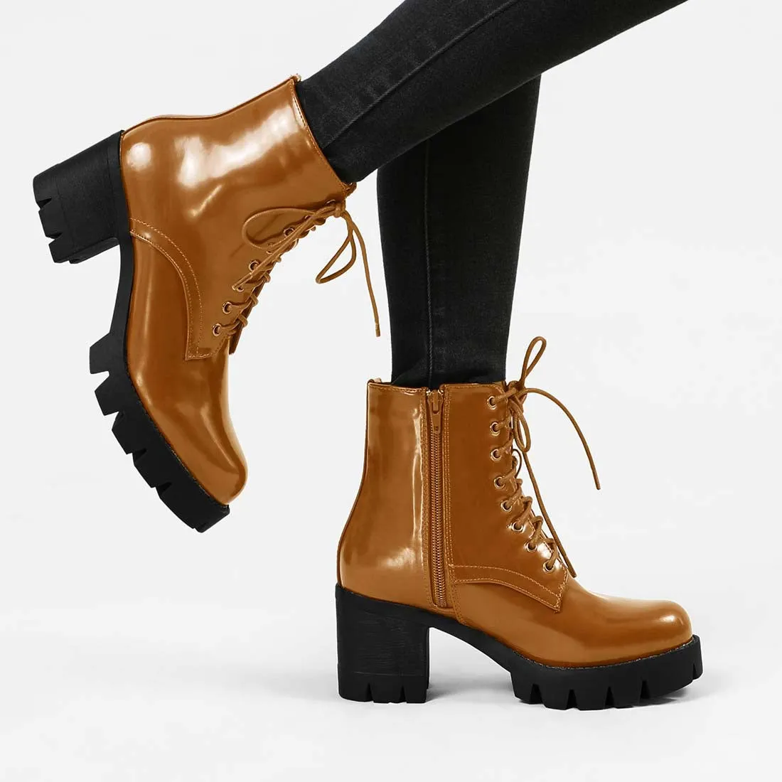 Lace Up Decor Side Zipper Platform Chunky Heel Combat Boots