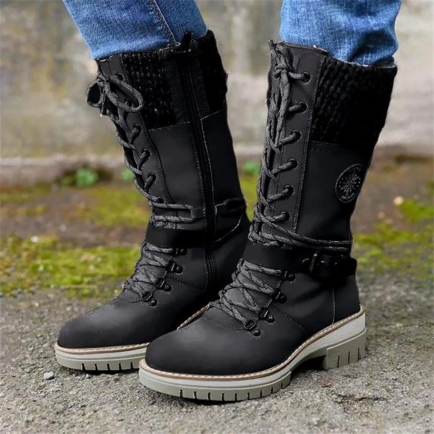 Ladmiple Fall Boots For Women 2024 Wide Calf Mid Calf Ankle Booties Side Zipper Low Heel Motorcycle Combat Riding Biker Boots