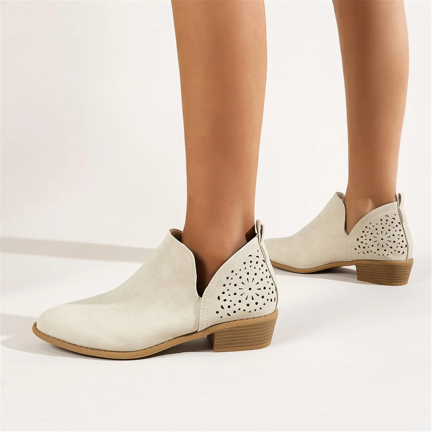 Lausiuoe Boots For Women Ankle Booties Low Heel Cut Out Stacked Chunky Block Casual Dressy Fashion Slip on Ankle Boots