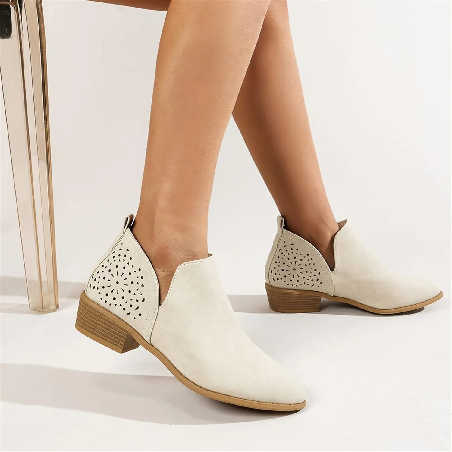 Lausiuoe Boots For Women Ankle Booties Low Heel Cut Out Stacked Chunky Block Casual Dressy Fashion Slip on Ankle Boots