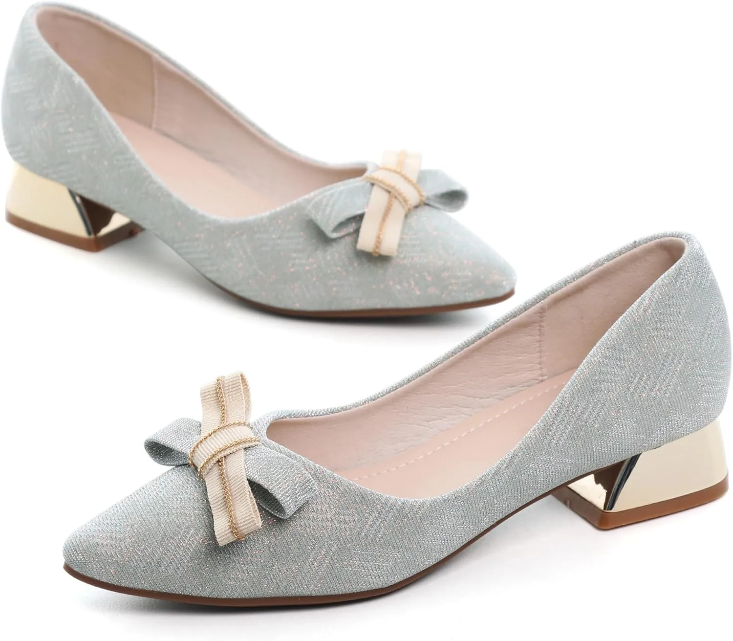 WENJIAZHIZHI Bow-Knot Pumps Heels Shoes for Womens Chunky Low Block Heels for Women Wedding Dressy Pumps Shoes Sexy Closed Toe