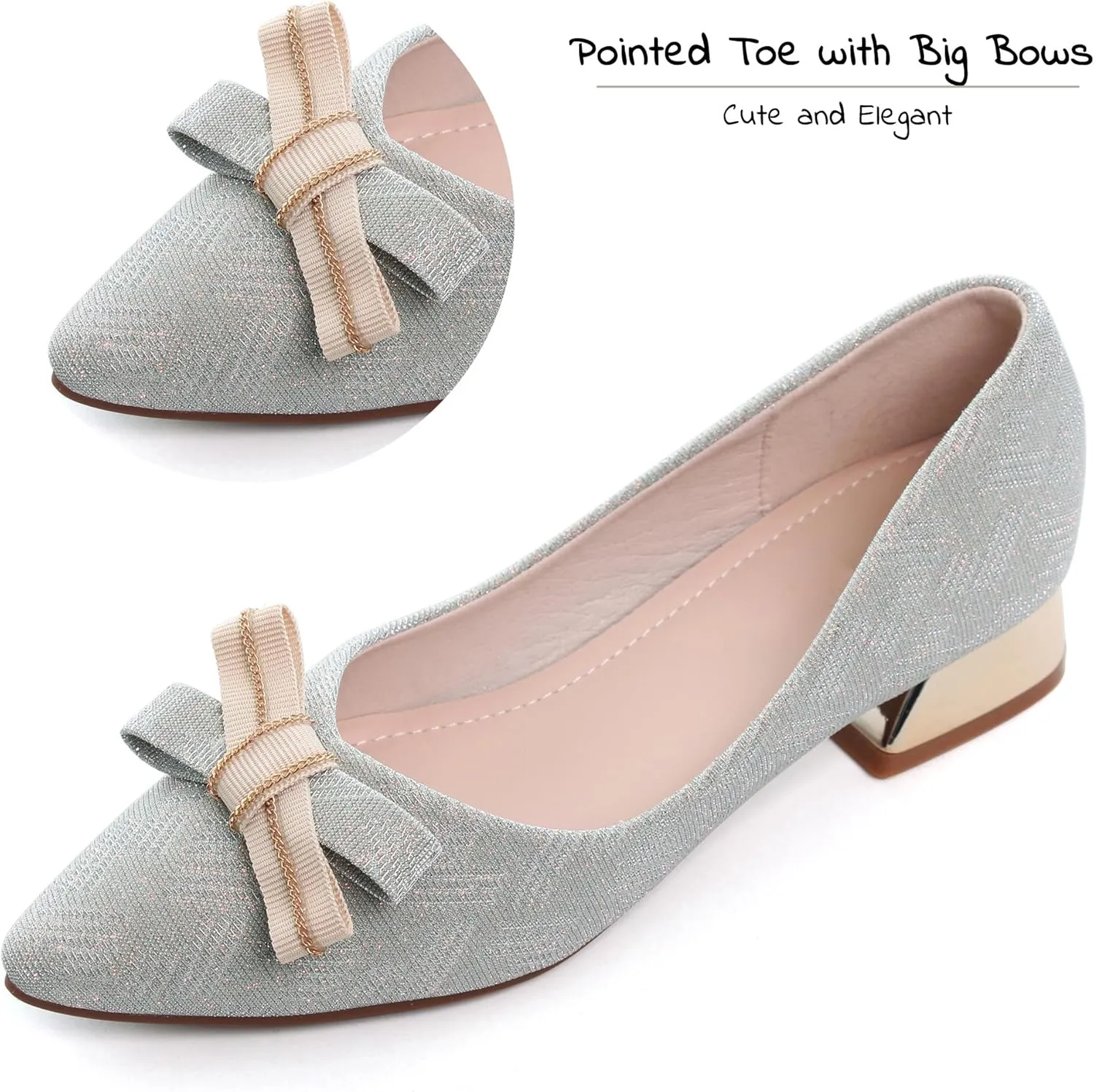 WENJIAZHIZHI Bow-Knot Pumps Heels Shoes for Womens Chunky Low Block Heels for Women Wedding Dressy Pumps Shoes Sexy Closed Toe