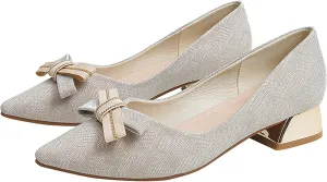 WENJIAZHIZHI Bow-Knot Pumps Heels Shoes for Womens Chunky Low Block Heels for Women Wedding Dressy Pumps Shoes Sexy Closed Toe