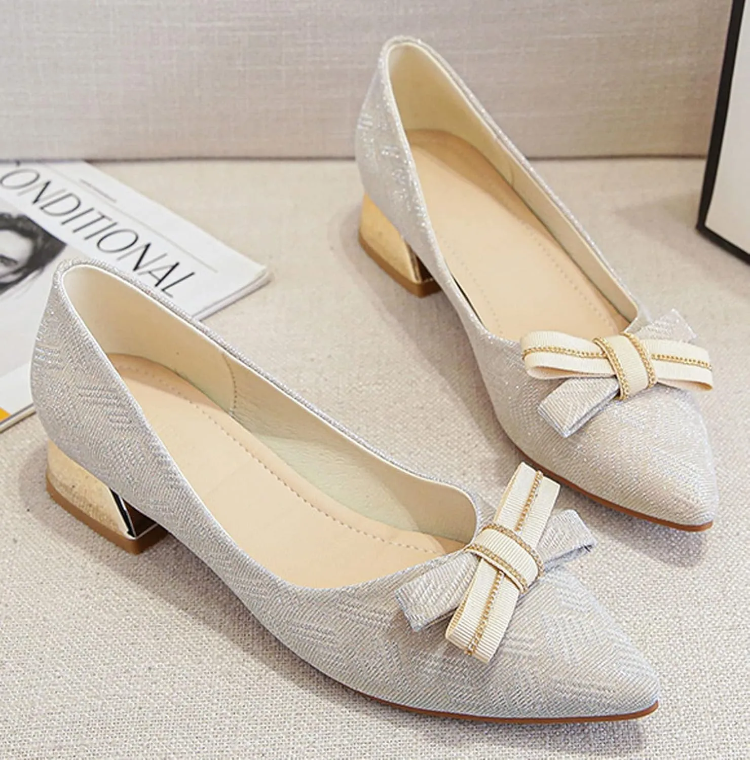 WENJIAZHIZHI Bow-Knot Pumps Heels Shoes for Womens Chunky Low Block Heels for Women Wedding Dressy Pumps Shoes Sexy Closed Toe