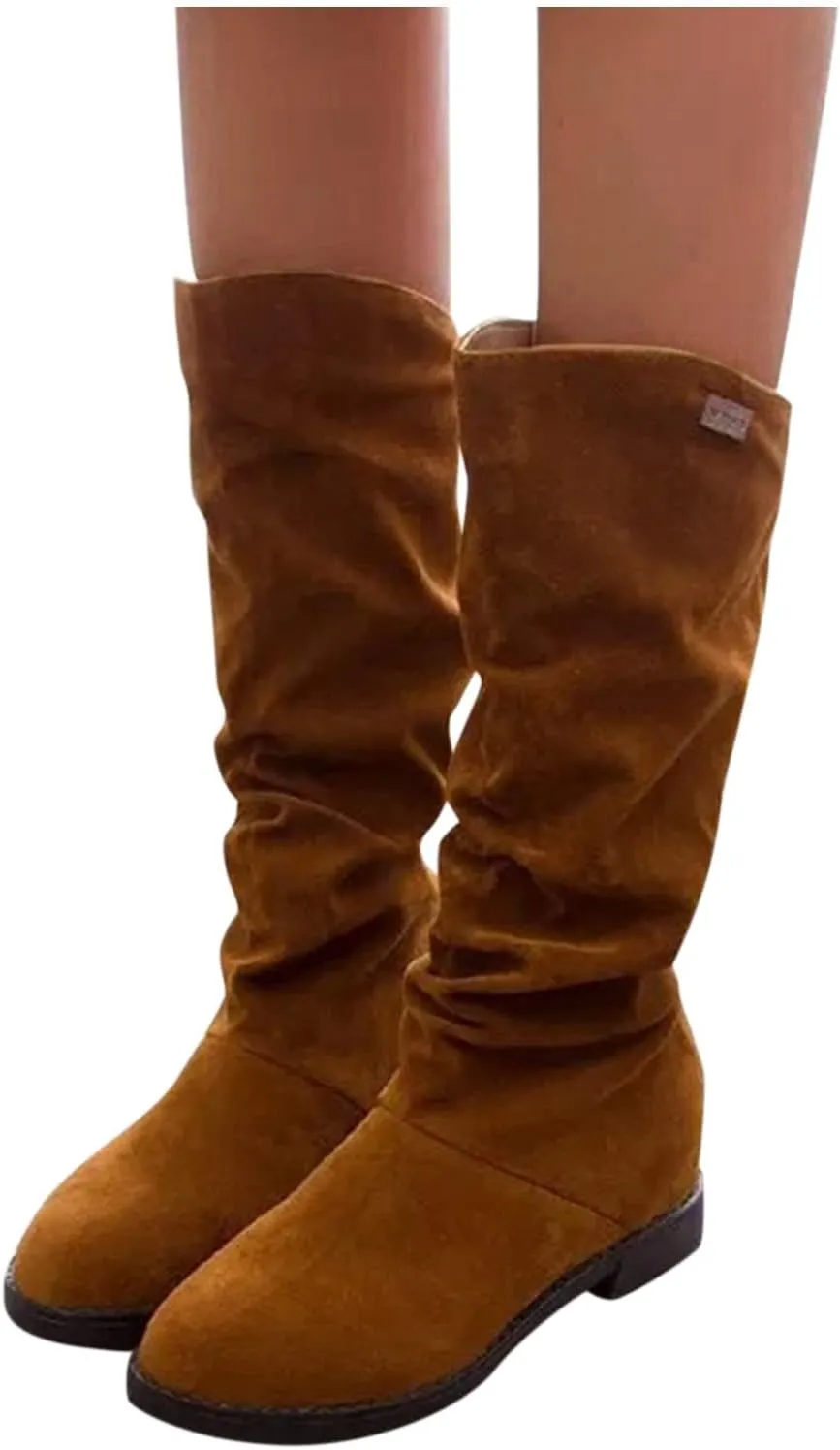 White Cowgirl Boots Suede Flats Thigh High Boots Pull On Knee High Boots Mid Calf Fall Winter Warm Boots