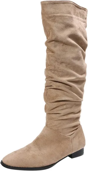 White Cowgirl Boots Suede Pleated Thigh High Boots Pull On Knee High Boots Mid Calf Bootie Winter Boots