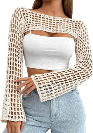 Womens Crochet Crop Tops Y2k Knit Shrug Sweater Hollow Out Long Sleeve Bikini See Through Cover Ups