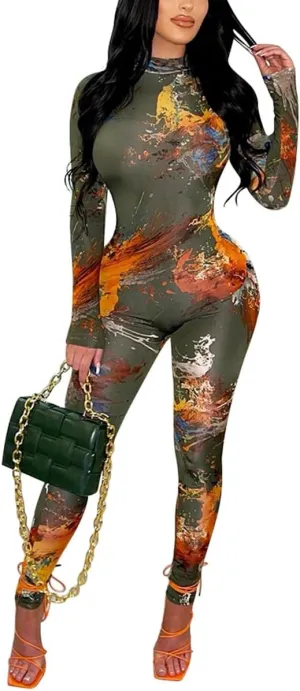 Wuitrie One Piece Jumpsuits for Women Sexy Backless Long Sleeve Graffiti Print Bodycon Jumpsuits Club Outfits Catsuits