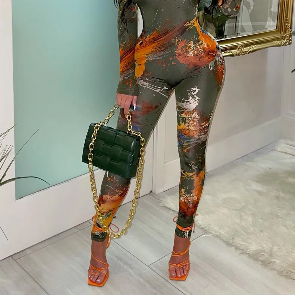Wuitrie One Piece Jumpsuits for Women Sexy Backless Long Sleeve Graffiti Print Bodycon Jumpsuits Club Outfits Catsuits