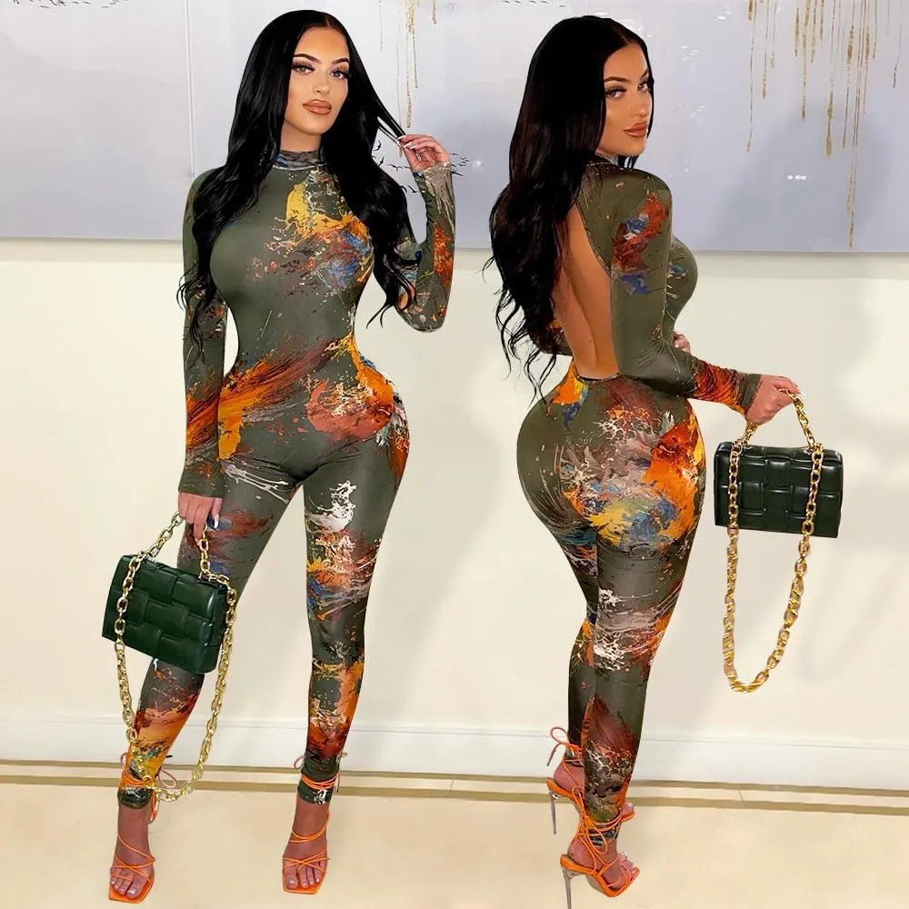Wuitrie One Piece Jumpsuits for Women Sexy Backless Long Sleeve Graffiti Print Bodycon Jumpsuits Club Outfits Catsuits