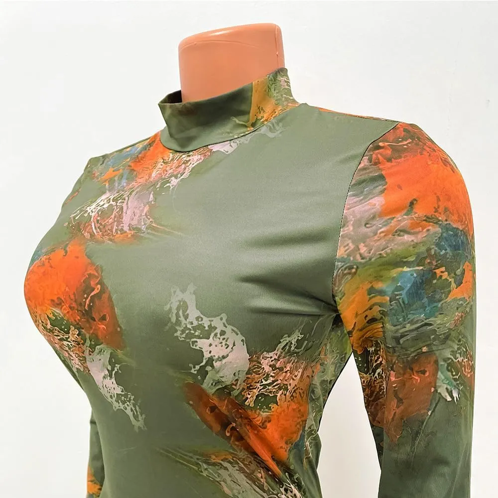 Wuitrie One Piece Jumpsuits for Women Sexy Backless Long Sleeve Graffiti Print Bodycon Jumpsuits Club Outfits Catsuits