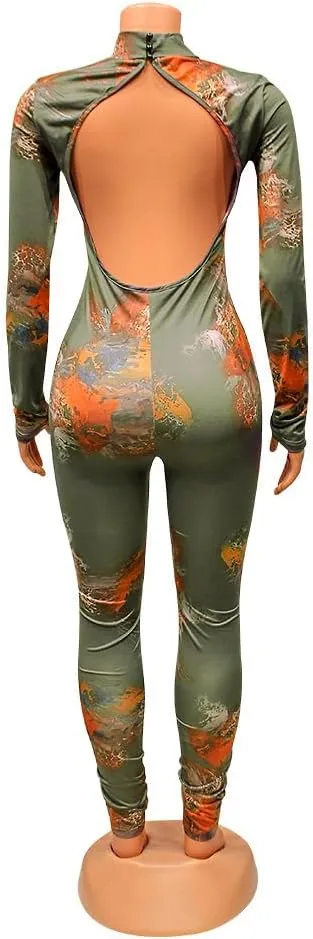 Wuitrie One Piece Jumpsuits for Women Sexy Backless Long Sleeve Graffiti Print Bodycon Jumpsuits Club Outfits Catsuits