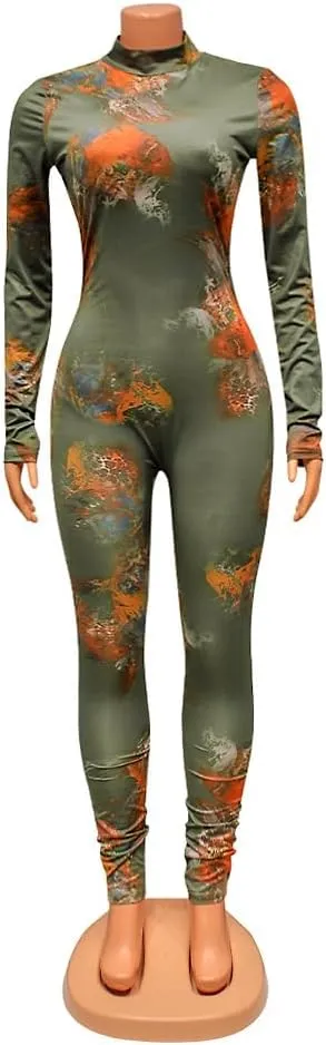 Wuitrie One Piece Jumpsuits for Women Sexy Backless Long Sleeve Graffiti Print Bodycon Jumpsuits Club Outfits Catsuits