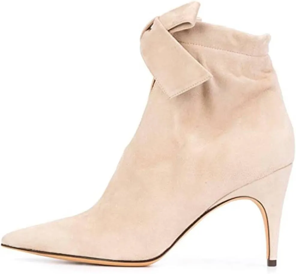 XYD Women Classical Pointed Toe Ankle Booties Dress Low Kitten Heels Graceful Bow Pull-on Boots Party Festival Shoes